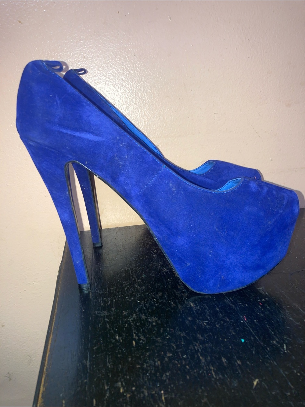 Electric Blue Suede Platform Peep-Toe Heels